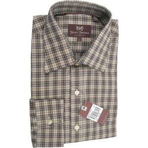 NEW $195 Hickey Freeman Button Front Shirt!  Brown Tan Black White Plaid